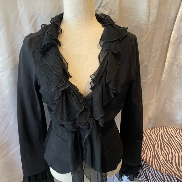 Black denim jacket by/Beshubie! Beautiful sheer ruffle trimmed collar cuffs/tie - Picture 6 of 8